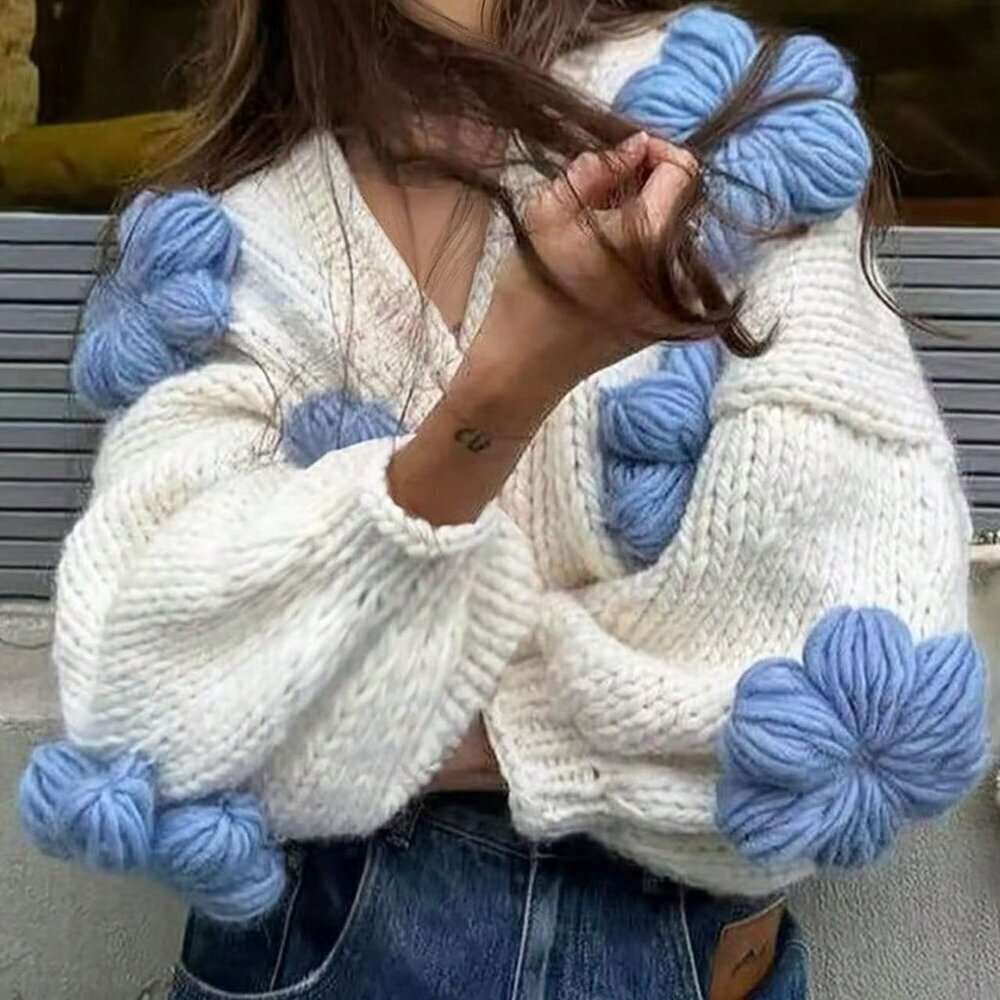 White Casual Women's Jacquard Floral Patchwork Knit Cardigan